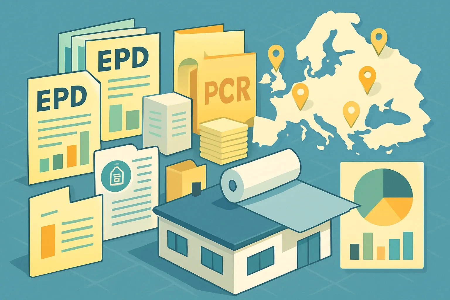 Generate an illustration for an article following this concept:

EPDs for Single-Ply PVC in Europe: The Ultimate Guide
Planning a new PVC roofing membrane EPD in 2026? Here is the complete, data-first picture for single-ply PVC and PVC-P membranes in Europe, including who is publishing, which program operators dominate, and which PCRs competitors choose. Snapshot: 45 current EPDs from 24 manufacturers across 6 program operators using 7 distinct PCRs, with the latest issue on Dec 9, 2024.

Ensure that you use no text, as this illustration will be used on international translations of the article..

Use an illustrative style (e.g. isometic) and don't generate in a photorealistic style.