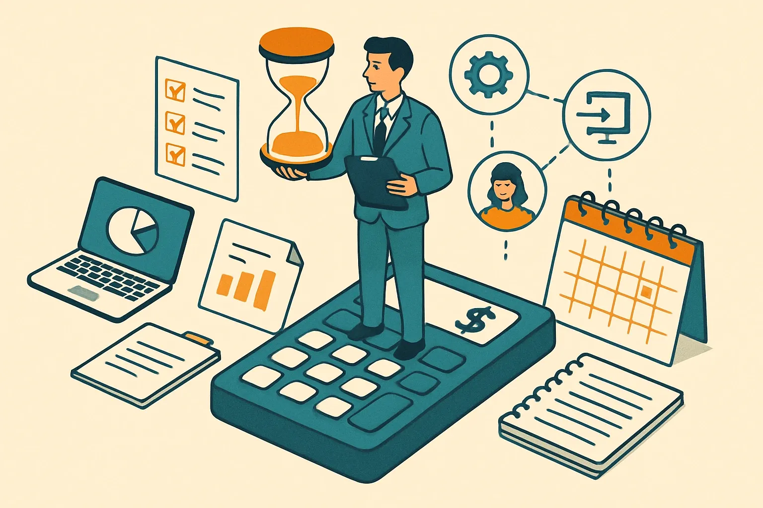 Generate an illustration for an article following this concept:

EPD Projects: Counting Internal Hours, Not Just Fees
Most teams compare consultant quotes or software subscriptions and miss the bigger bill. Internal hours. Data wrangling, meetings, and cross‑plant follow‑ups often dwarf the external price. This post shows how to estimate the real effort and why connected platforms that automate intake and coordination can shrink both calendar and labor load.

Ensure that you use no text, as this illustration will be used on international translations of the article..

Use an illustrative style (e.g. isometic) and don't generate in a photorealistic style.