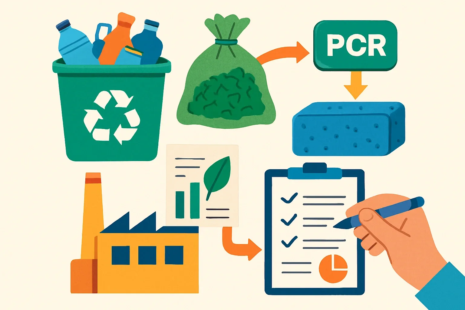 Generate an illustration for an article following this concept:

Recycled Content and Regrind in Plastics EPDs, Made Simple
Plastics teams often juggle regrind, PCR streams, and supplier notes that read like a director’s cut. What actually counts in an EPD, where do the carbon savings show up, and what should you ask for without drowning your plant in spreadsheets? Here is the crisp playbook.

Ensure that you use no text, as this illustration will be used on international translations of the article..

Use an illustrative style (e.g. isometic) and don't generate in a photorealistic style.