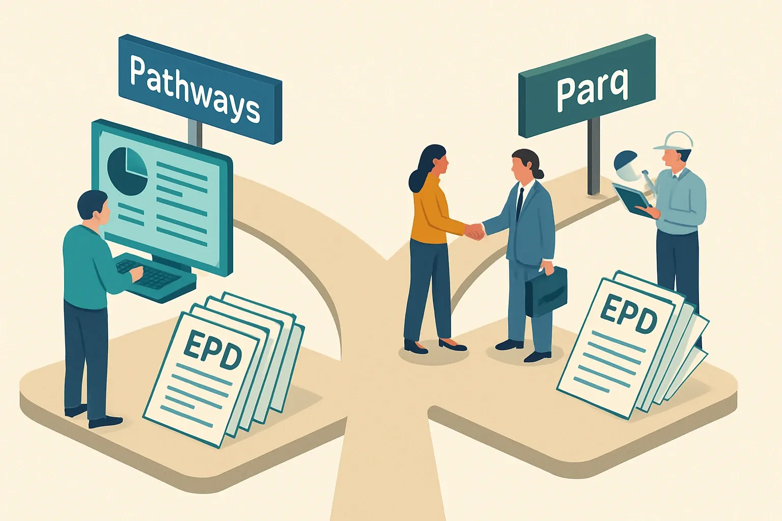 Generate an illustration for an article following this concept:

Pathways vs Parq: Which EPD Path Fits You?
EPD demand keeps climbing and teams face a choice. Go with Pathways’ AI‑driven software model that promises automated data ingestion and unlimited EPDs, or pick Parq’s platform paired with white‑glove data collection that moves work off your plate. Here is a crisp, unbiased comparison so manufacturers can win specs without burning cycles.

Ensure that you use no text, as this illustration will be used on international translations of the article..

Use an illustrative style (e.g. isometic) and don't generate in a photorealistic style.