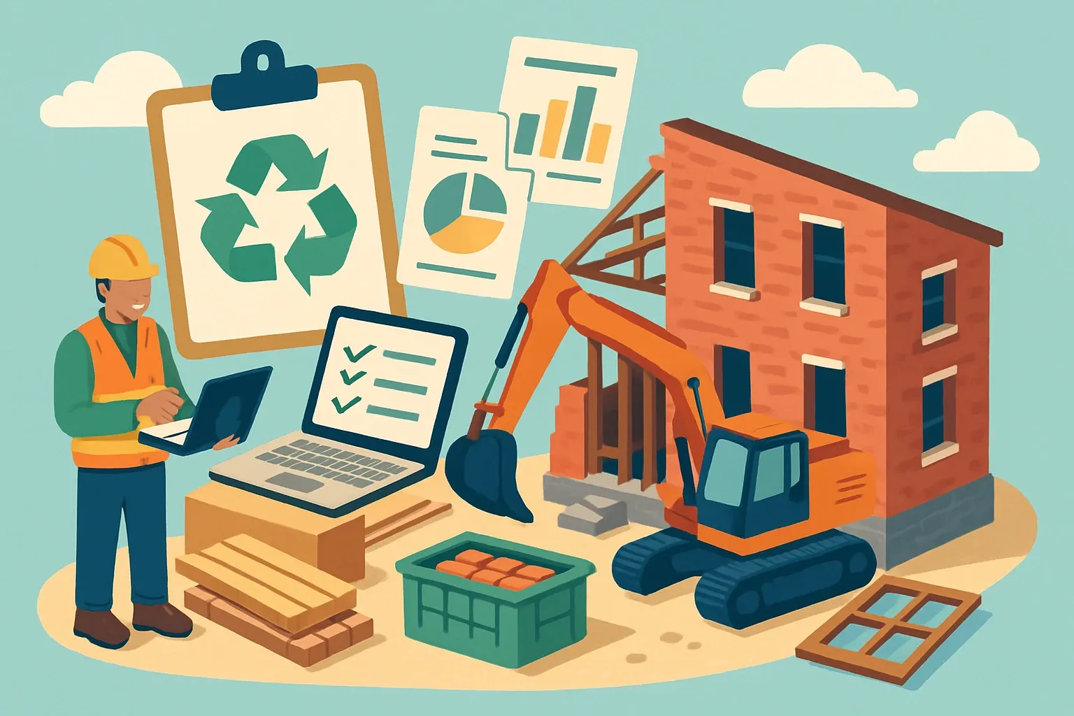 Generate an illustration for an article following this concept:

Boston’s Deconstruction Pilot: What Manufacturers Should Know
Boston is moving from “demo” to “disassemble.” The City tested deconstruction on a handful of real projects and is now formalizing how to inventory reusable materials before the first excavator shows up. If your products end up on Boston job sites, this shift affects how you design, document, and sell. It also turns EPDs and LCAs from nice-to-have PDFs into decision fuel that wins specs.

Ensure that you use no text, as this illustration will be used on international translations of the article..

Use an illustrative style (e.g. isometic) and don't generate in a photorealistic style.