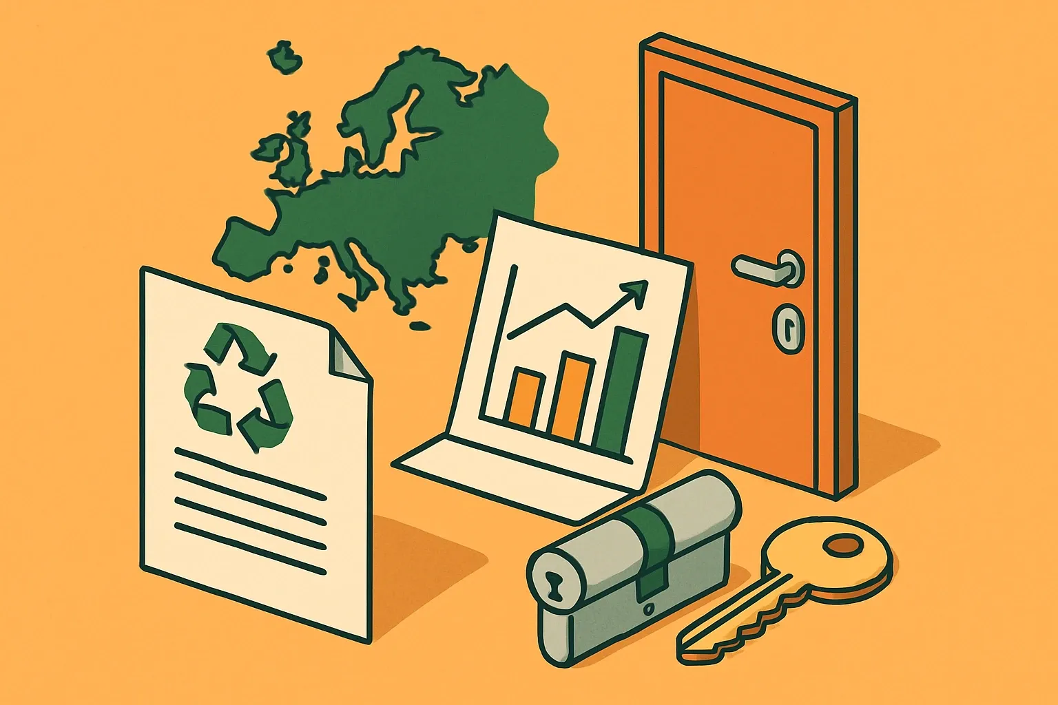Generate an illustration for an article following this concept:

EPDs for Door Hardware in Europe: the data guide
Planning specs in 2026 means knowing exactly where door hardware and architectural ironmongery stand on EPDs. This guide distills the latest five‑year landscape in Europe so manufacturers can benchmark, pick the right rulebook, and time renewals with confidence.

Ensure that you use no text, as this illustration will be used on international translations of the article..

Use an illustrative style (e.g. isometic) and don't generate in a photorealistic style.