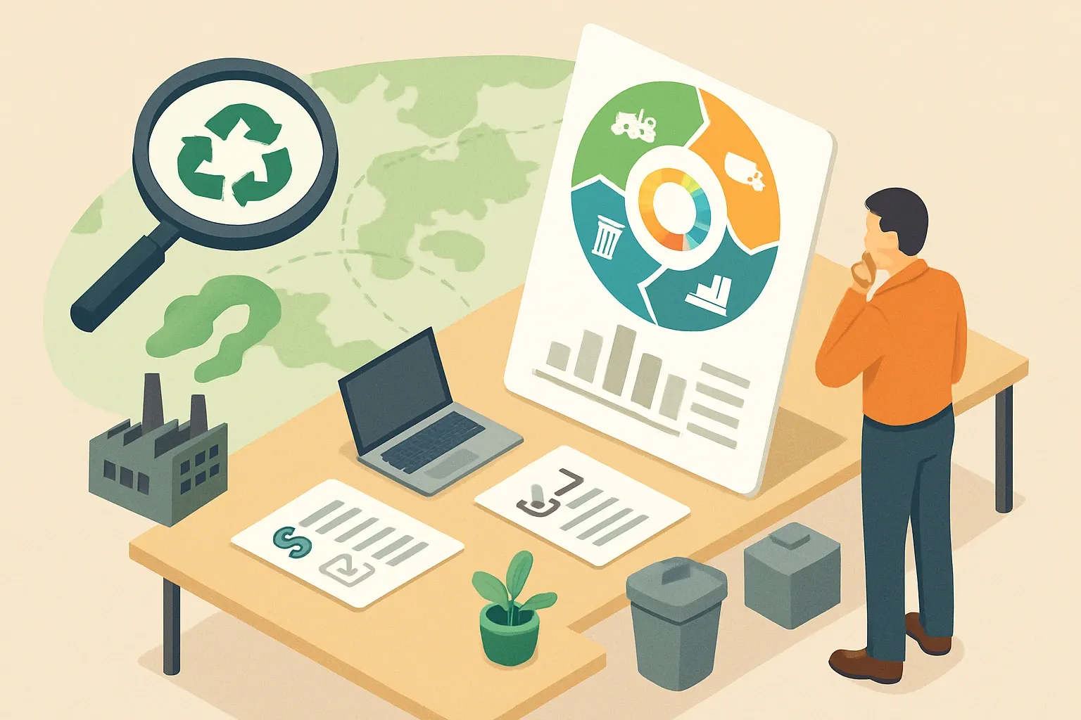 Generate an illustration for an article following this concept:

Why Life Cycle Assessment Matters for Manufacturers
Specs disappear quietly when a product lacks trusted numbers. A Life Cycle Assessment turns scattered plant data into a clear map of impacts, costs, and tradeoffs. It shows where the carbon and waste actually sit, informs design and procurement choices, and powers the product‑specific EPD decision makers ask for. Done well, LCA shortens sales cycles, protects margin, and keeps your product in the conversation instead of on the sidelines.

Ensure that you use no text, as this illustration will be used on international translations of the article..

Use an illustrative style (e.g. isometic) and don't generate in a photorealistic style.