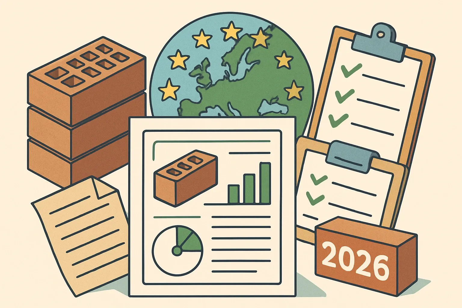 Generate an illustration for an article following this concept:

Brick EPDs in Europe: The Ultimate Data Guide
If you make clay brick, facing brick, brick slips, terracotta or masonry units, this 2026 snapshot distills who is publishing EPDs in Europe, which program operators and PCRs they choose, and when renewals will bite. Use it to plan your own declaration with eyes wide open.

Ensure that you use no text, as this illustration will be used on international translations of the article..

Use an illustrative style (e.g. isometic) and don't generate in a photorealistic style.