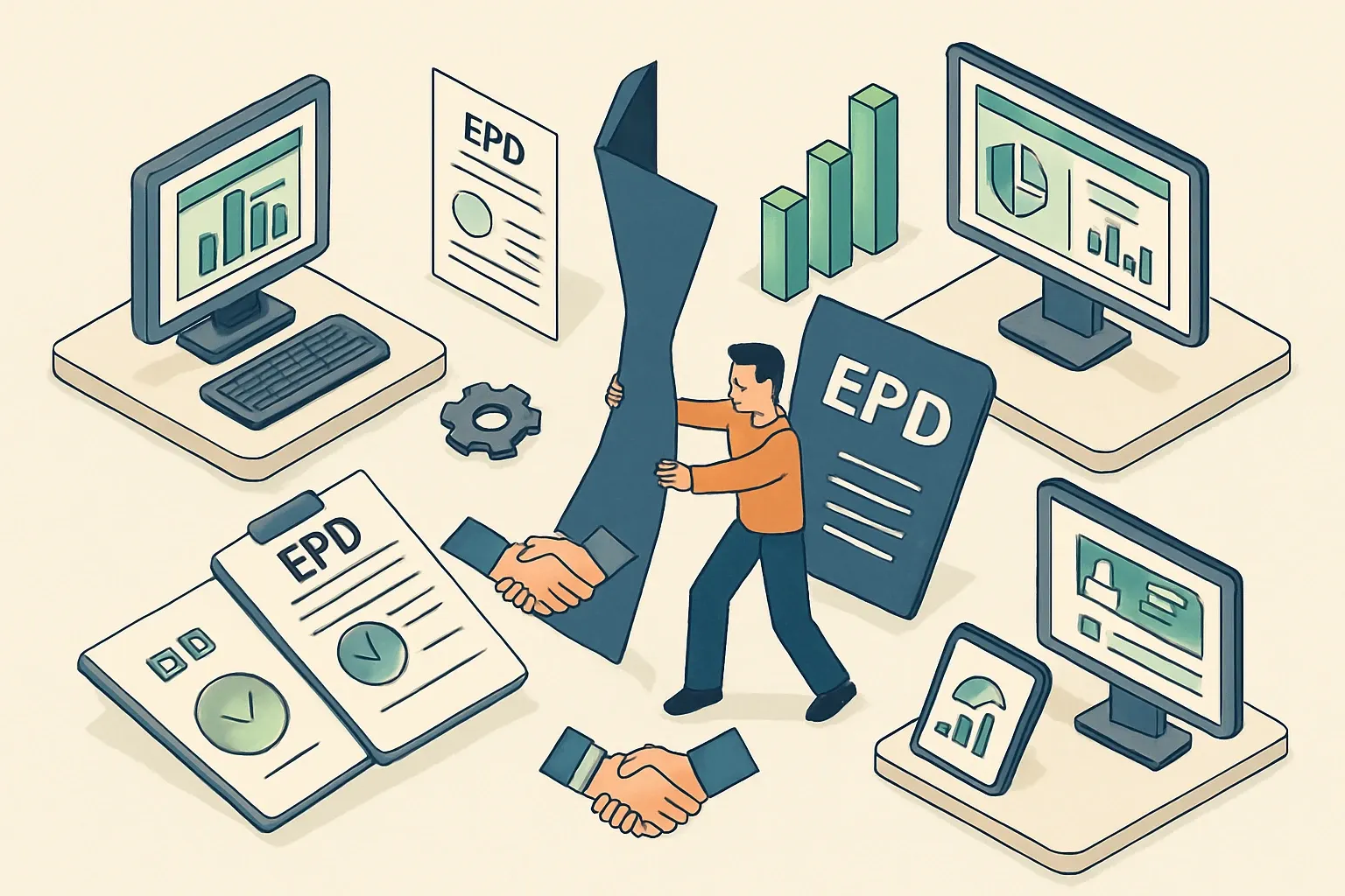 Generate an illustration for an article following this concept:

Modernizing EPDs Without Double Paying
Multi‑year retainers with LCA consultants can make new EPD tools look redundant. The trick is to separate what your contract truly locks in from what it leaves open. Map modeling, report drafting, and verification on one side, then put data collection, internal dashboards, sales enablement, and customer‑portal integrations on the other. Phase adoption around the open areas to bank time savings now, stay compliant with your agreement, and build the proof you need for a cleaner renegotiation later.

Ensure that you use no text, as this illustration will be used on international translations of the article..

Use an illustrative style (e.g. isometic) and don't generate in a photorealistic style.
