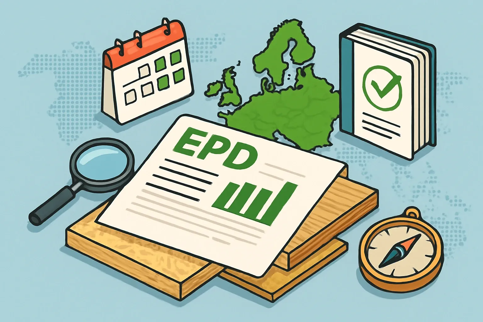Generate an illustration for an article following this concept:

EPDs for Plywood and OSB in Europe: Data Guide
Planning an EPD for plywood sheathing or OSB boards in Europe? Here is the 2026 picture in one place so you can benchmark, choose the right PCR, and publish with confidence. We analyzed every current declaration in this category, who published it, under which program operator, and when renewals are due. If you make structural panels for roofs, walls, or subfloors, this guide shows what competitors are doing now and where the gaps still are.

Ensure that you use no text, as this illustration will be used on international translations of the article..

Use an illustrative style (e.g. isometic) and don't generate in a photorealistic style.