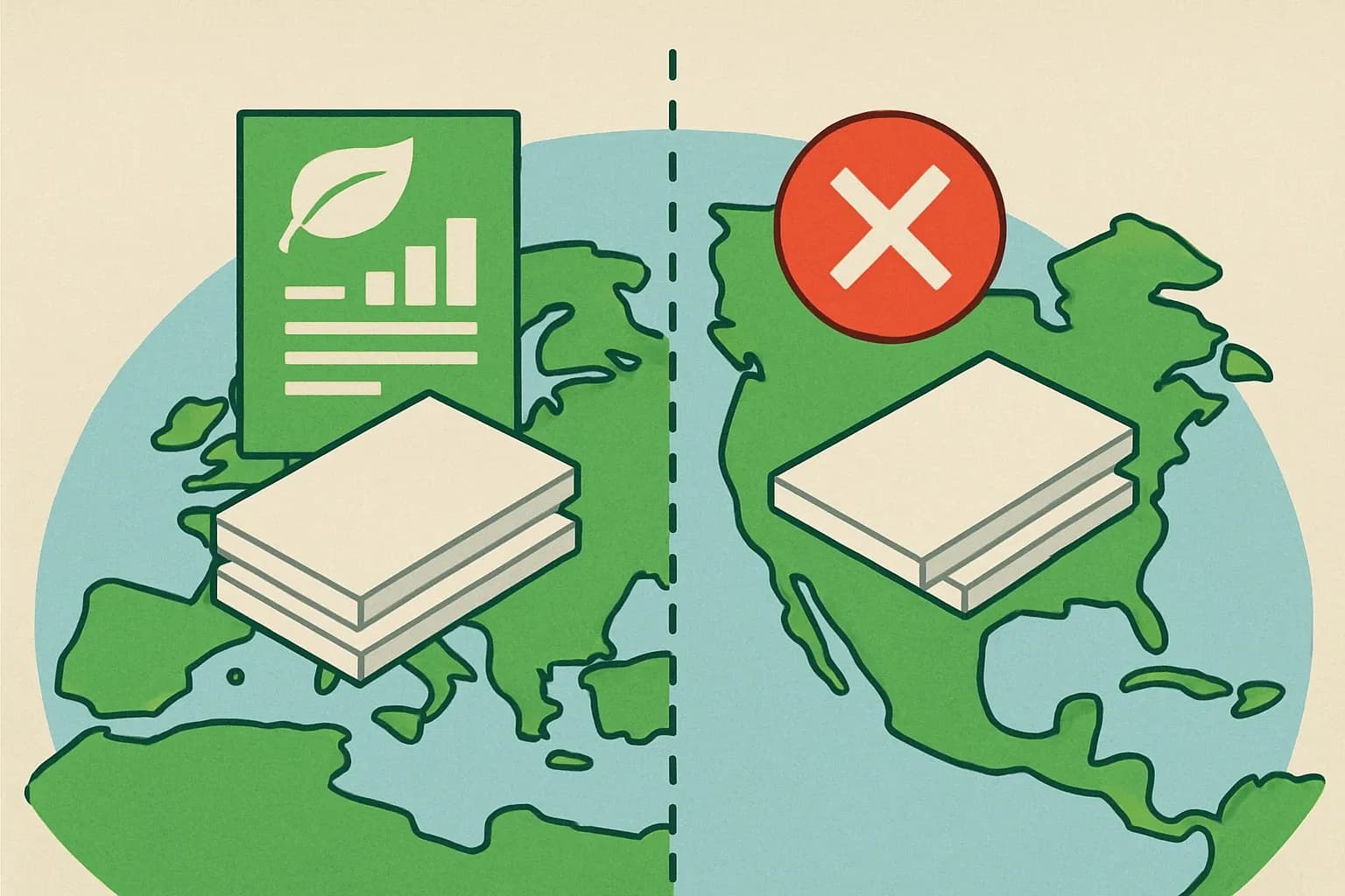 Generate an illustration for an article following this concept:

Is there an industry‑wide EPD for XPS insulation?
Short answer that saves you a dozen clicks: Europe has a sector‑average Environmental Product Declaration for extruded polystyrene (XPS) insulation. North America does not. Here’s what exists today, why that matters for specs, and how a product‑specific EPD can put your XPS line ahead in low‑carbon bids.

Ensure that you use no text, as this illustration will be used on international translations of the article..

Use an illustrative style (e.g. isometic) and don't generate in a photorealistic style.