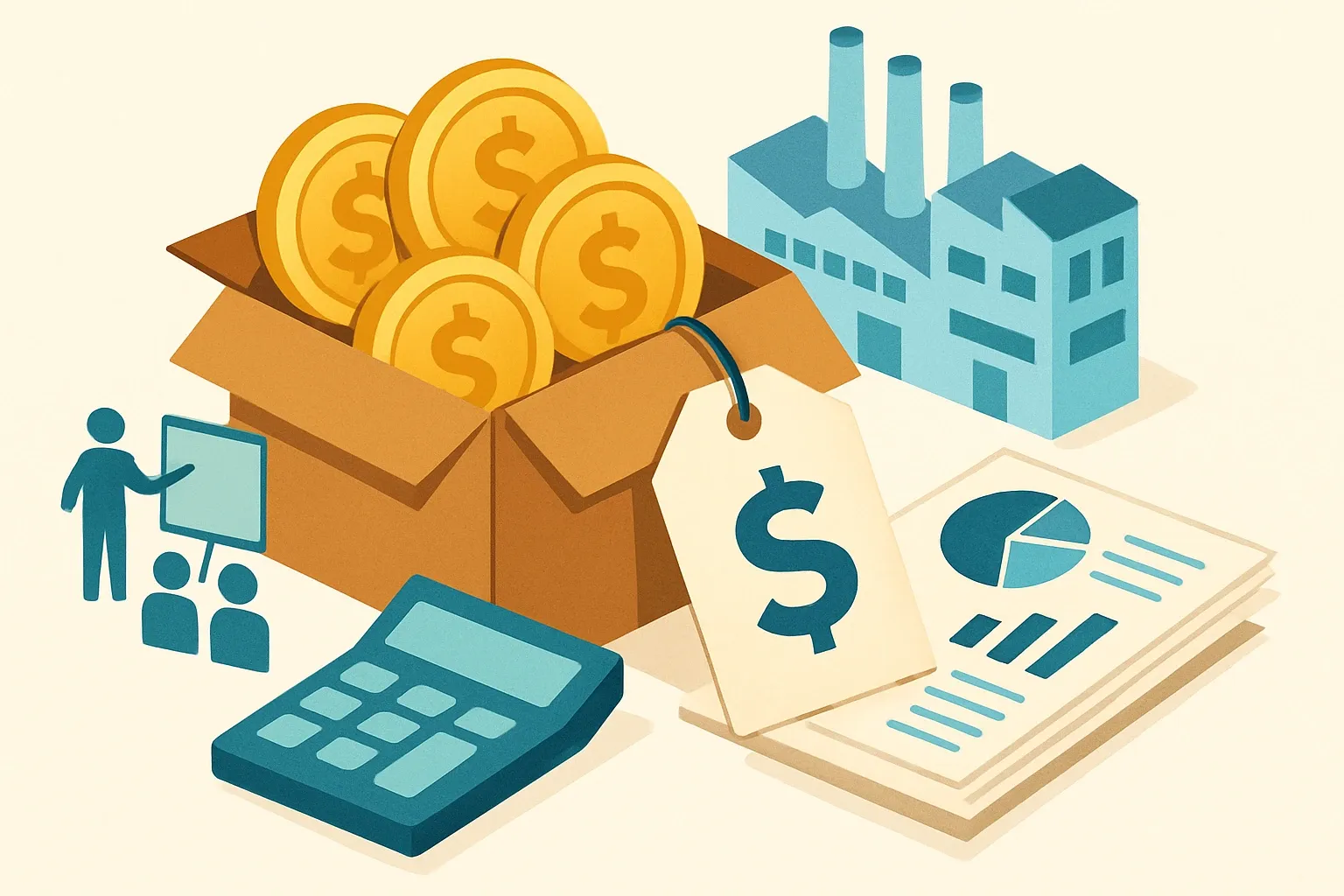 Generate an illustration for an article following this concept:

GaBi license cost, unpacked for manufacturers
Looking for a simple price tag for GaBi? You will not find one. License quotes vary by seats, modules, and data packages, and the real spend usually shows up in training and the team hours it takes to build LCAs and EPDs. Here is a practical way to budget with confidence, even when list prices are hidden.

Ensure that you use no text, as this illustration will be used on international translations of the article..

Use an illustrative style (e.g. isometic) and don't generate in a photorealistic style.