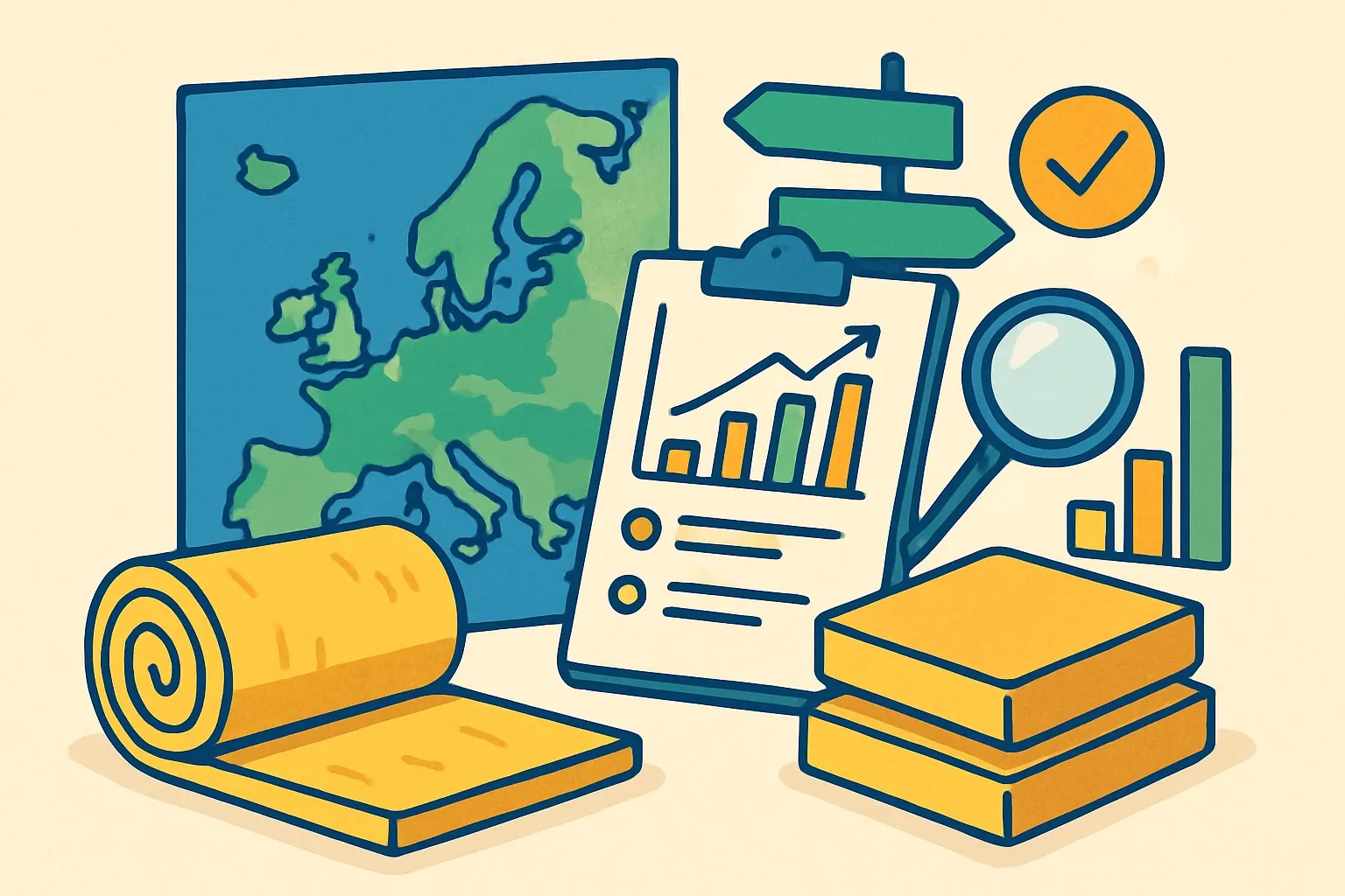 Generate an illustration for an article following this concept:

Blanket EPDs in Europe: The ultimate data guide
Planning a new EPD for blanket insulation in 2026? Here is the complete, data-backed landscape for Europe, built to help manufacturers of blanket insulation, batts and rolls make crisp decisions on timing, program operators, and PCRs.

Ensure that you use no text, as this illustration will be used on international translations of the article..

Use an illustrative style (e.g. isometic) and don't generate in a photorealistic style.
