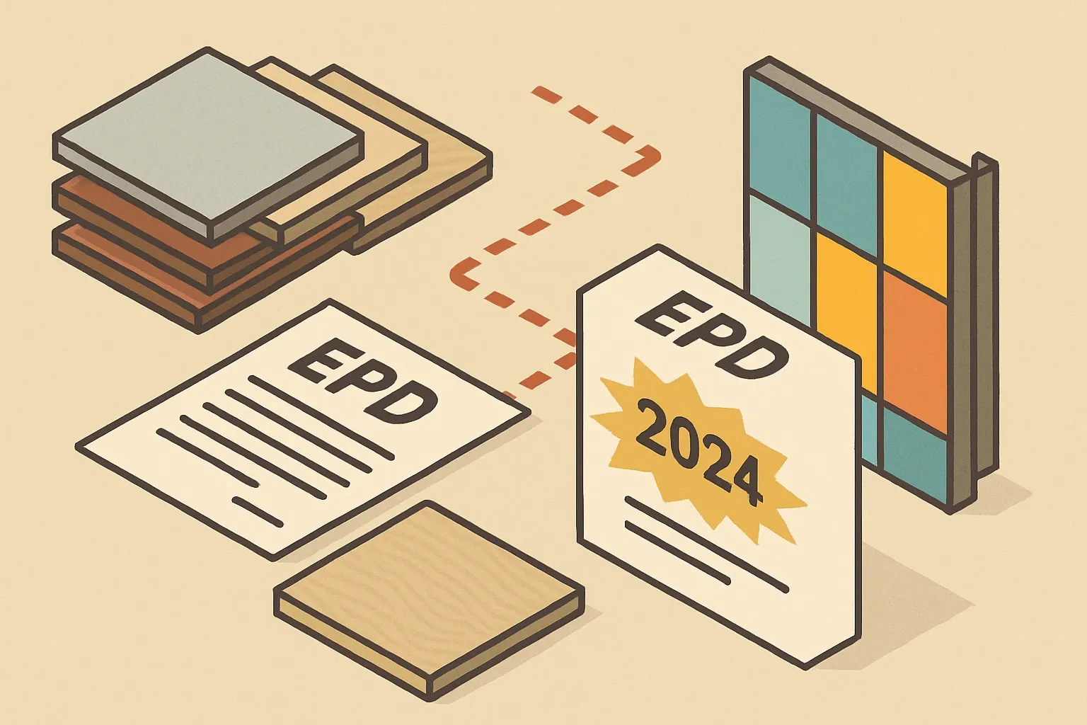 Generate an illustration for an article following this concept:

Abet Laminati: HPL, facades, and the EPD gap
Abet Laminati is a design‑forward Italian maker of high‑pressure laminates and exterior phenolic facades. Their catalog spans interior sheets, compact panels, and MEG cladding systems. The brand is widely specified, yet its published EPDs lapsed in 2024, which can slow approvals on projects that now expect current declarations in LEED v5 era specs.

Ensure that you use no text, as this illustration will be used on international translations of the article..

Use an illustrative style (e.g. isometic) and don't generate in a photorealistic style.