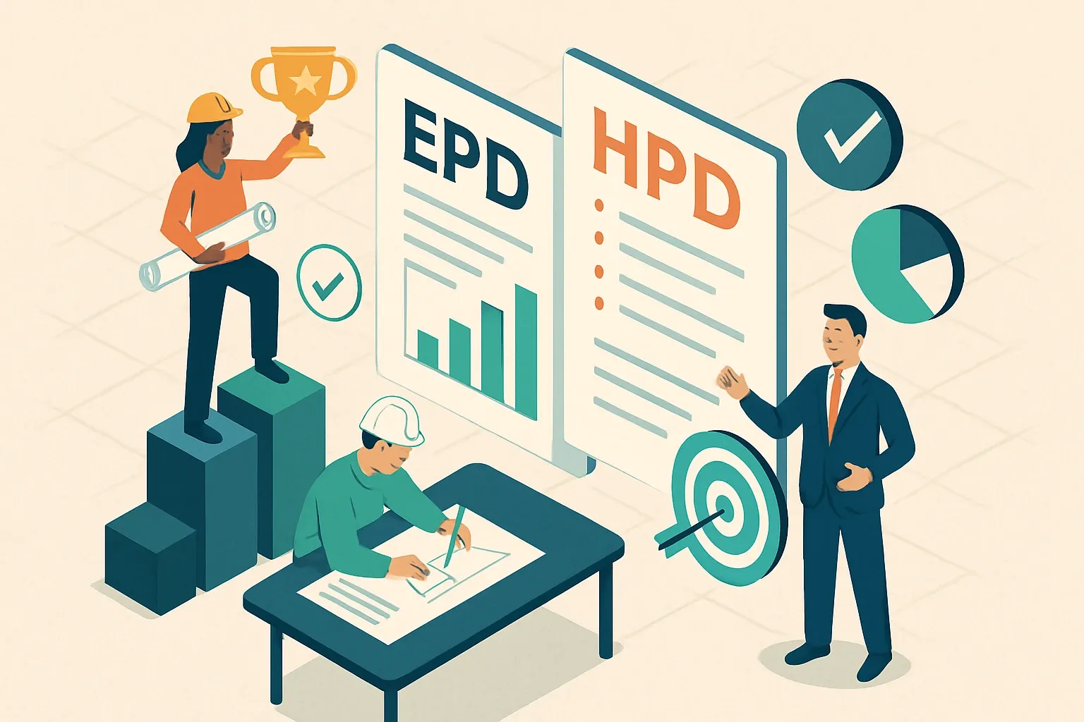 Generate an illustration for an article following this concept:

Small A&E Teams, Big Wins with EPDs and HPDs
Specs are won in the margins. A tiny architect and engineer team can still punch above its weight if disclosures are crisp, the targets are right, and sales gets spec‑ready talking points. Here is the focused playbook to turn EPDs and HPDs into repeatable wins without adding headcount.

Ensure that you use no text, as this illustration will be used on international translations of the article..

Use an illustrative style (e.g. isometic) and don't generate in a photorealistic style.