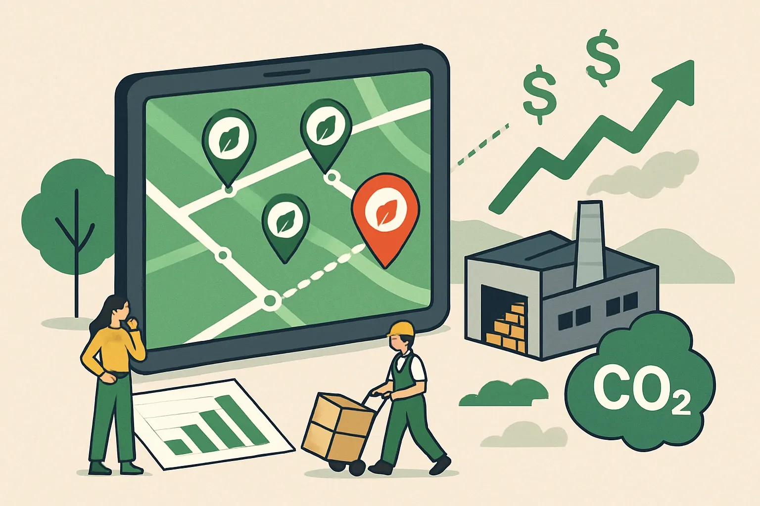 Generate an illustration for an article following this concept:

Pathways Analysis for EPDs: A Practical Deep Dive
You have an EPD baseline, hungry sales targets, and a plant that cannot pause. Pathways analysis turns that baseline into a sequenced plan that cuts embodied carbon where it counts and on a timeline operations can actually deliver. Think of it as a GPS for your product’s footprint that reroutes when suppliers or specs change.

Ensure that you use no text, as this illustration will be used on international translations of the article..

Use an illustrative style (e.g. isometic) and don't generate in a photorealistic style.