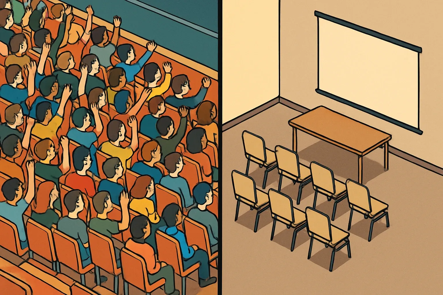 Split-screen visual: full stadium seats labeled "Asphalt PCR" on one side, sparse meeting room labeled "Niche PCR" on the other.