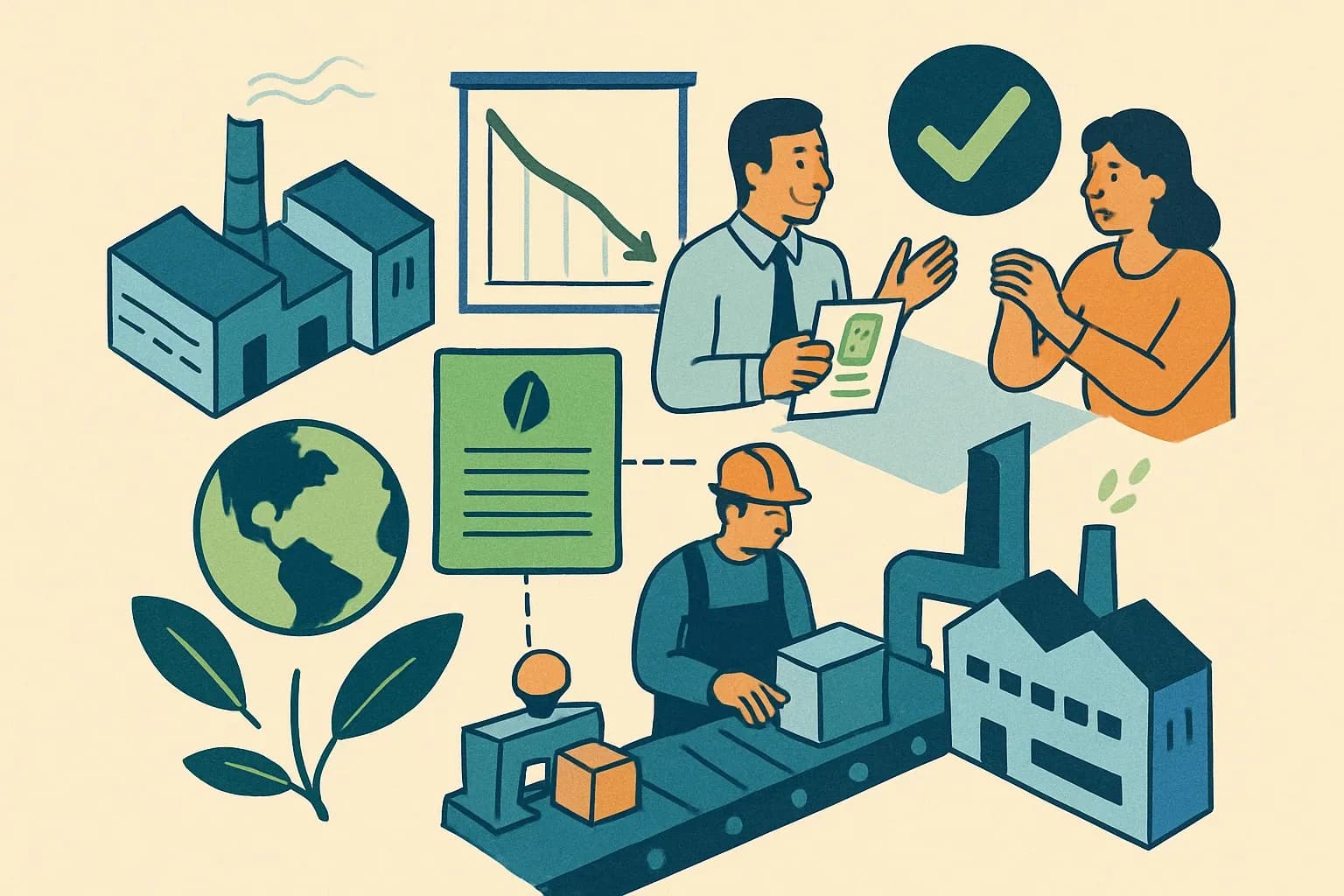 Generate an illustration for an article following this concept:

SBTi for manufacturers: targets that win specs
Setting science based targets can feel abstract until a bid asks for proof today, not promises tomorrow. Here’s how to turn SBTi commitments into product EPDs, real factory cuts, and a clearer sales story. The aim is simple. Make targets pay off in submittals and selection meetings.

Ensure that you use no text, as this illustration will be used on international translations of the article..

Use an illustrative style (e.g. isometic) and don't generate in a photorealistic style.