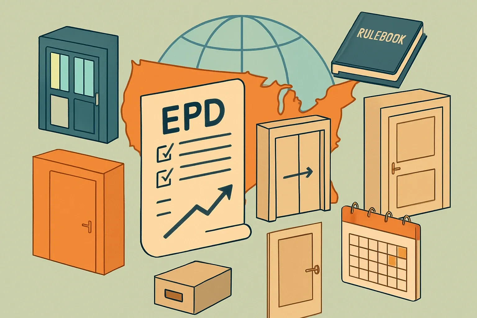 Generate an illustration for an article following this concept:

EPDs for Doors and Frames in the United States
Here is the 2026 state of play for door, frame, and openings manufacturers in the U.S. If you make hollow metal doors, interior wood doors, storefront door frames, or automated entrances, this guide shows who is publishing, which rulebooks they use, and where renewals are coming due.

Ensure that you use no text, as this illustration will be used on international translations of the article..

Use an illustrative style (e.g. isometic) and don't generate in a photorealistic style.