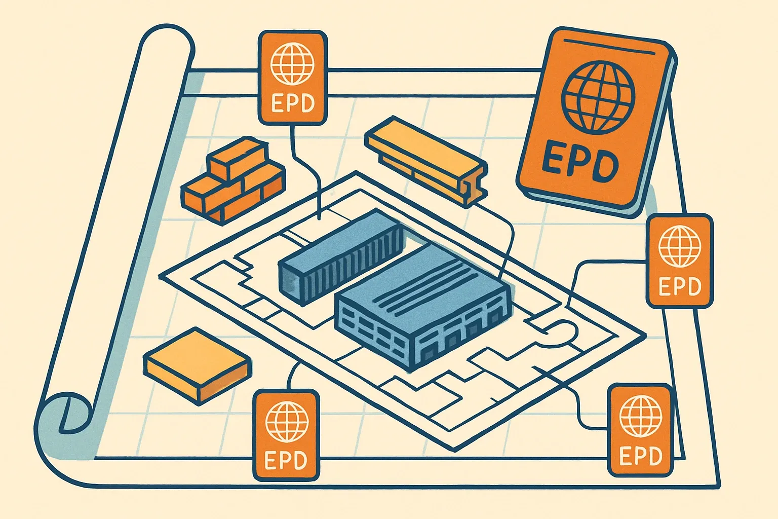 A stylized building plan for a data center where each material label carries a small passport icon that reads EPD, visually implying customs clearance into the project.