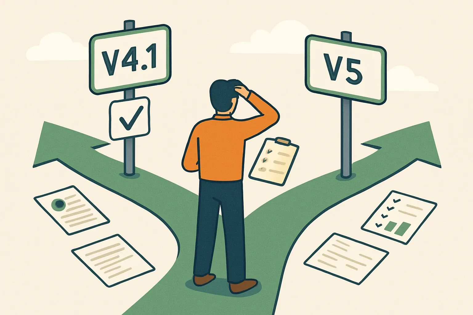 Generate an illustration for an article following this concept:

Register v4.1 now or jump to LEED v5?
The choice affects more than a checkbox. It changes when you register, what your team documents, how you brief manufacturers, and how procurement evaluates submittals. Done well, it reduces change orders and shortens reviews because everyone works to the same playbook. Done poorly, it adds duplicate work and mixed messages. Use this framework to pick the path that fits your project stage and your appetite for v5’s new product selection logic, then adjust your asks to suppliers so they deliver the right proof on the first try.

Ensure that you use no text, as this illustration will be used on international translations of the article..

Use an illustrative style (e.g. isometic) and don't generate in a photorealistic style.