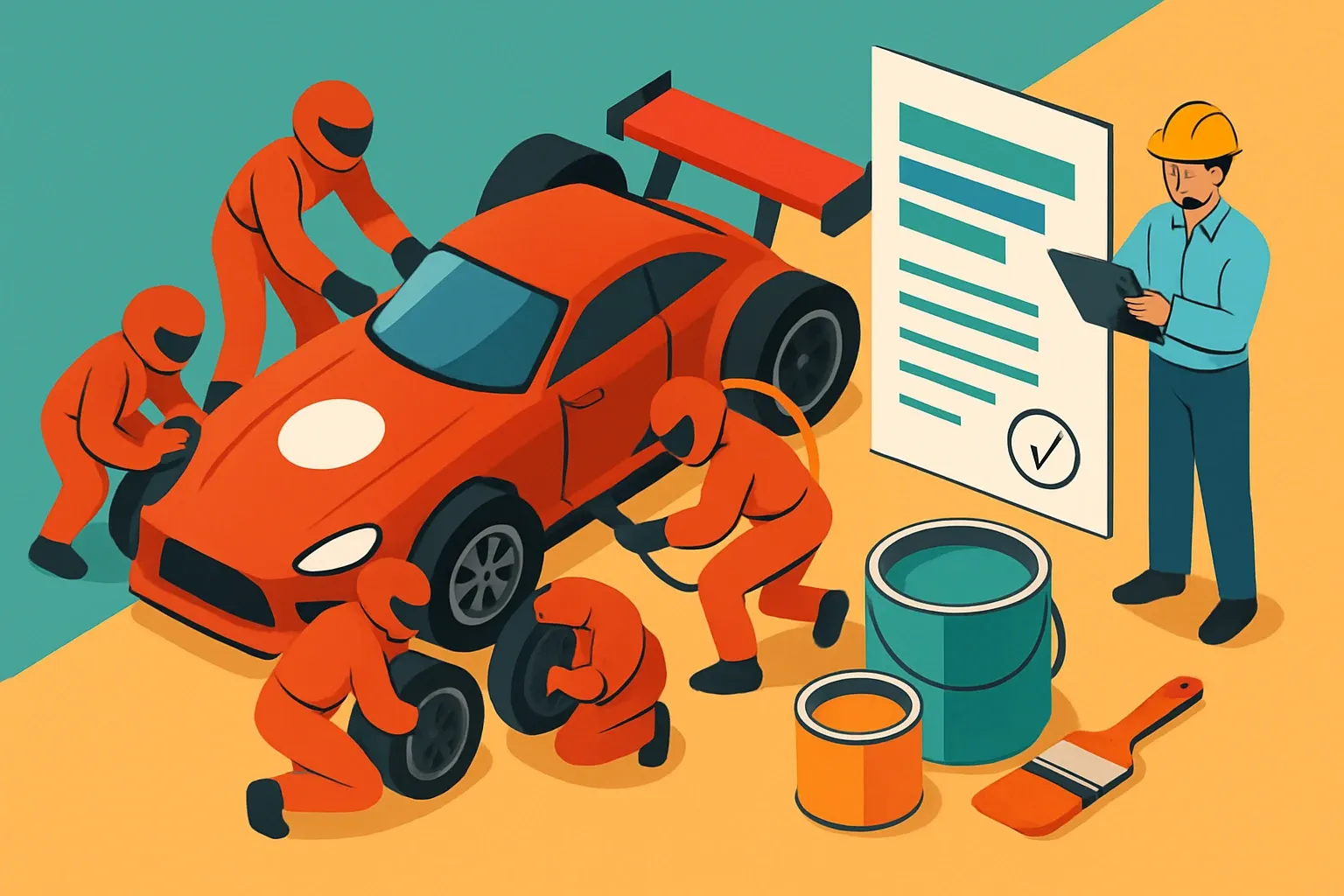 Generate an illustration for an article following this concept:

Best EPD providers for paints and coatings
If your architectural coatings are headed for specs, choosing who builds your EPD can feel like picking a pit crew. The wrong call burns months you do not have. The right partner turns messy plant data into a clean, third‑party verified declaration that wins trust and keeps bids moving.

Ensure that you use no text, as this illustration will be used on international translations of the article..

Use an illustrative style (e.g. isometic) and don't generate in a photorealistic style.