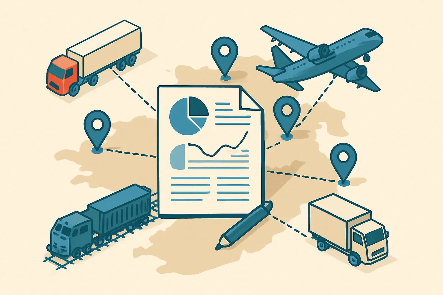 Generate an illustration for an article following this concept:

Practical A4 transport modeling for nationwide shipping
Nationwide distribution rarely comes with lane‑by‑lane shipment data. You still need a defensable A4 scenario that a verifier will sign off on and a specifier can understand. The practical path is to choose a few representative hubs and model distances and modes to those points, then document the logic so clearly it reads like a thesis defense, not a mystery novel.

Ensure that you use no text, as this illustration will be used on international translations of the article..

Use an illustrative style (e.g. isometic) and don't generate in a photorealistic style.