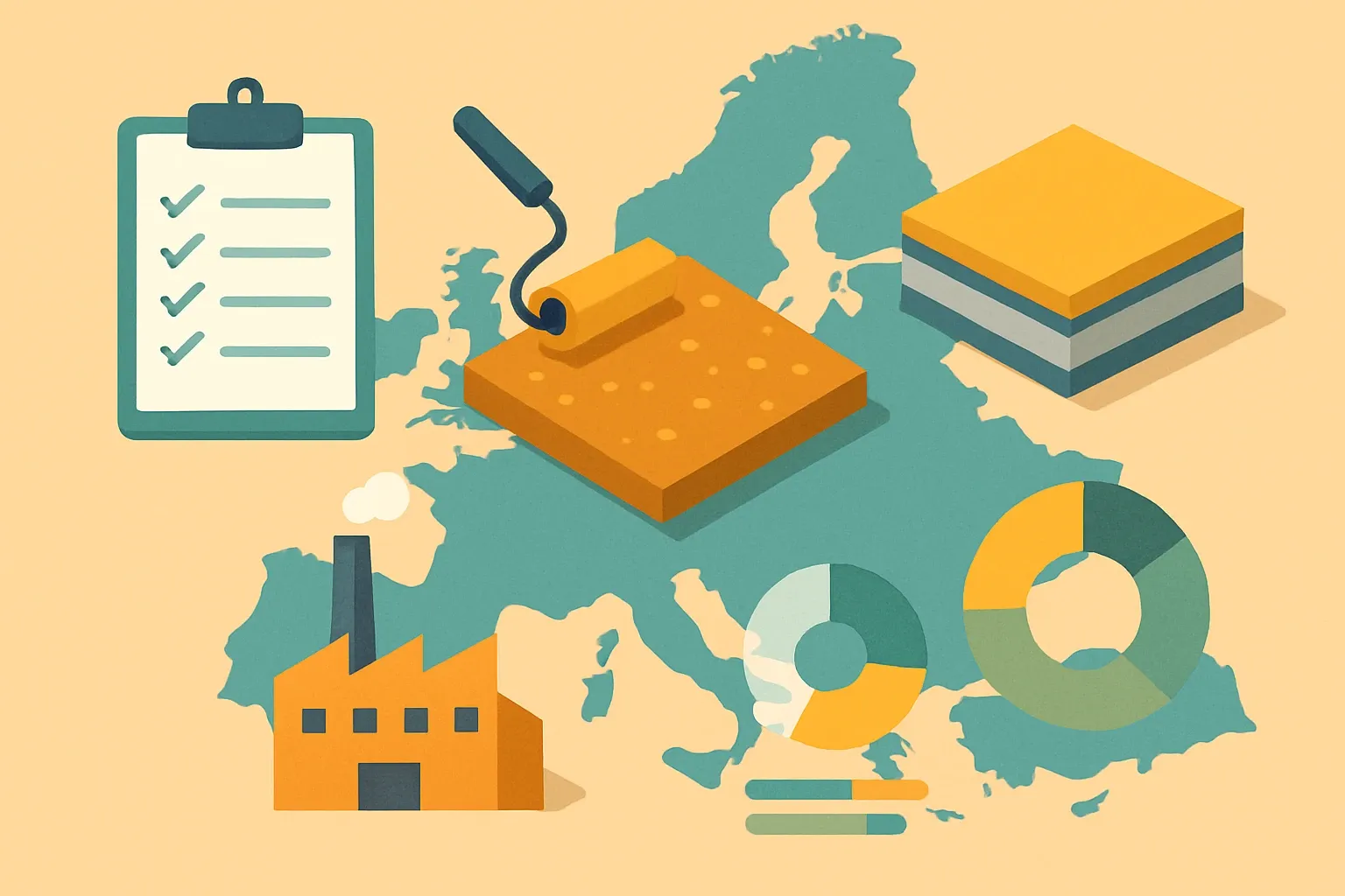 Generate an illustration for an article following this concept:

EPDs for Speciality Flooring in Europe: Resin and System Floors
Here is your 2026 snapshot of speciality flooring EPDs in Europe. We counted 48 current EPDs across 28 manufacturers, issued through 6 program operators and linked to 17 different PCRs. If you are weighing resin flooring, system floors, epoxy or polyurethane floors, this pulls the landscape into one place so you can move fast with confidence.

Ensure that you use no text, as this illustration will be used on international translations of the article..

Use an illustrative style (e.g. isometic) and don't generate in a photorealistic style.