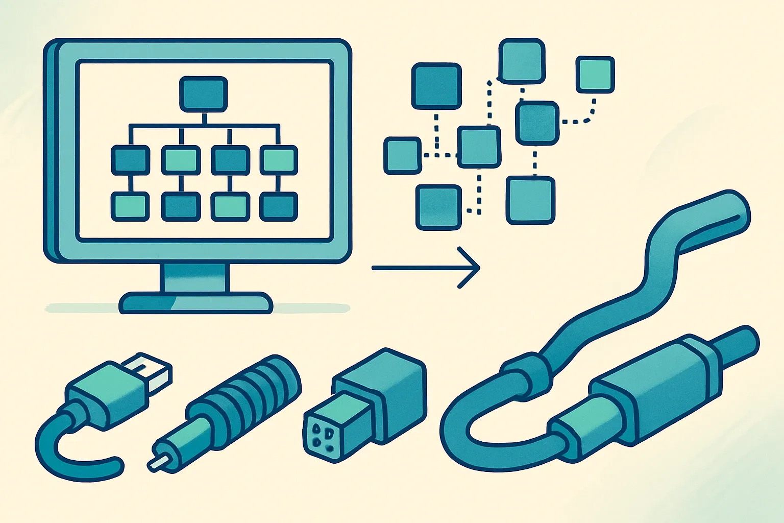 Generate an illustration for an article following this concept:

Modular BOMs for Configurable EPD‑ready products
ERP spits out thousands of variants. LCA needs a clean, stable signal. For configurable items like cables, connectors, and assemblies, the win is to model once and reuse often. A modular bill of materials turns a tangle of SKUs into reusable building blocks that match how engineering actually builds, so new variants slot in fast and verification stays smooth.

Ensure that you use no text, as this illustration will be used on international translations of the article..

Use an illustrative style (e.g. isometic) and don't generate in a photorealistic style.