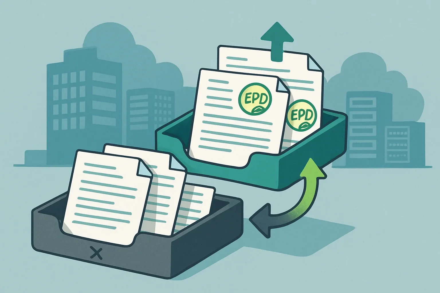 A stylized RFP inbox where documents without EPD stamps fall into a shaded discard tray while EPD stamped submittals flow into a bright shortlist tray. Data center silhouettes and server icons sit in the background.