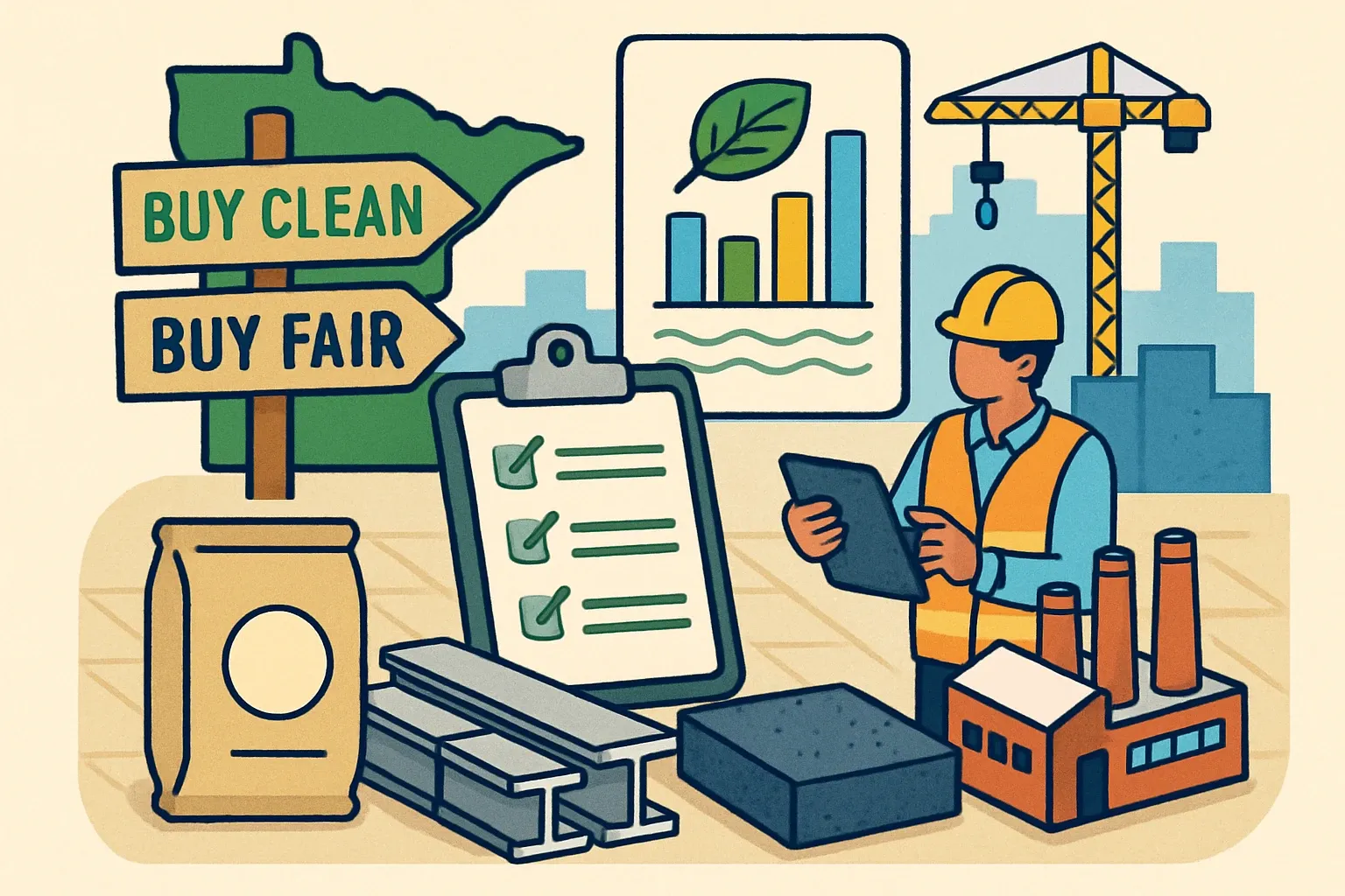 Generate an illustration for an article following this concept:

Buy Clean Buy Fair Minnesota, decoded for manufacturers
Minnesota’s Buy Clean Buy Fair law is moving from ideas to bid specs. If your concrete, steel, or asphalt ships into state‑funded projects, EPDs are about to become table stakes and carbon caps are not far behind. Here’s what changes, when, and how to get ready without derailing production.

Ensure that you use no text, as this illustration will be used on international translations of the article..

Use an illustrative style (e.g. isometic) and don't generate in a photorealistic style.