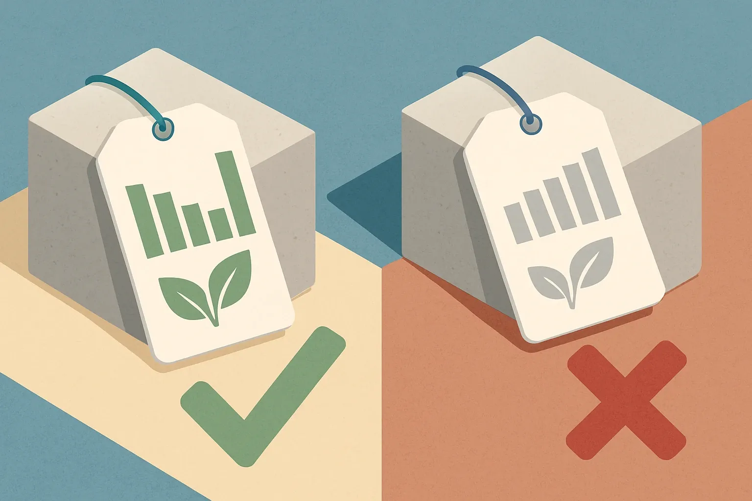 Generate an illustration for an article following this concept:

Site Specific vs Industry Average EPDs
Two labels, two very different outcomes. Pick a site specific EPD when you want your actual plant performance on the page. Use an industry average EPD when speed to table-stakes matters. The choice quietly shapes specs, carbon accounting, and margin.

Ensure that you use no text, as this illustration will be used on international translations of the article..

Use an illustrative style (e.g. isometic) and don't generate in a photorealistic style.