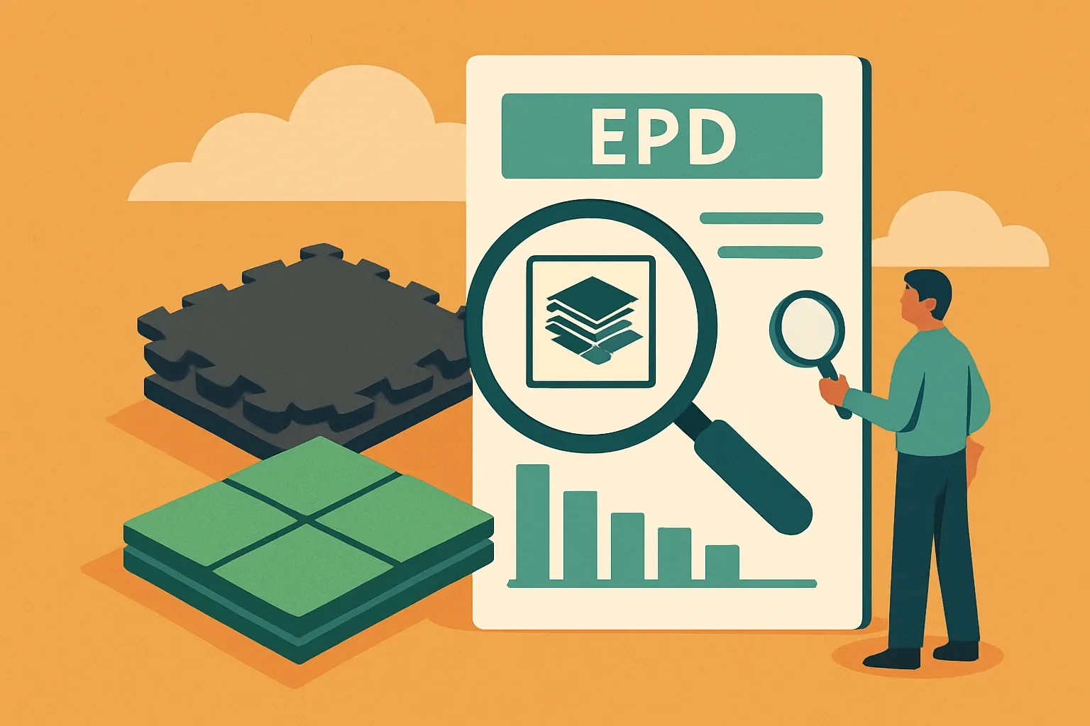 Generate an illustration for an article following this concept:

Is there an industry‑wide EPD for rubber flooring?
Searching for an industry‑wide, sector average EPD for rubber flooring or rubber sheet and tile? Yes, it exists, and it can help teams move on early bids. But the average is a conservative benchmark, so manufacturers with product‑specific EPDs often look leaner in carbon and win more specs.

Ensure that you use no text, as this illustration will be used on international translations of the article..

Use an illustrative style (e.g. isometic) and don't generate in a photorealistic style.