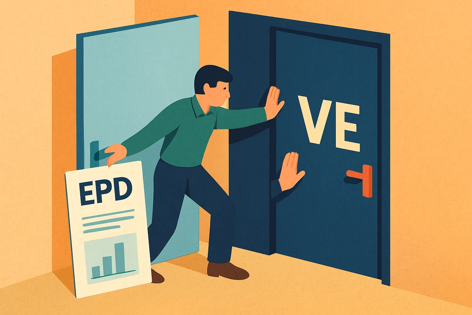 Generate an illustration for an article following this concept:

EPDs That Keep You From Getting VE’d Out
Specs open doors, VE closes them. When a project must hit embodied‑carbon targets or documentation checklists, products without a verified, product‑specific EPD are the first to be swapped. Here is how an EPD makes your product harder to replace and easier to defend at bid time.

Ensure that you use no text, as this illustration will be used on international translations of the article..

Use an illustrative style (e.g. isometic) and don't generate in a photorealistic style.