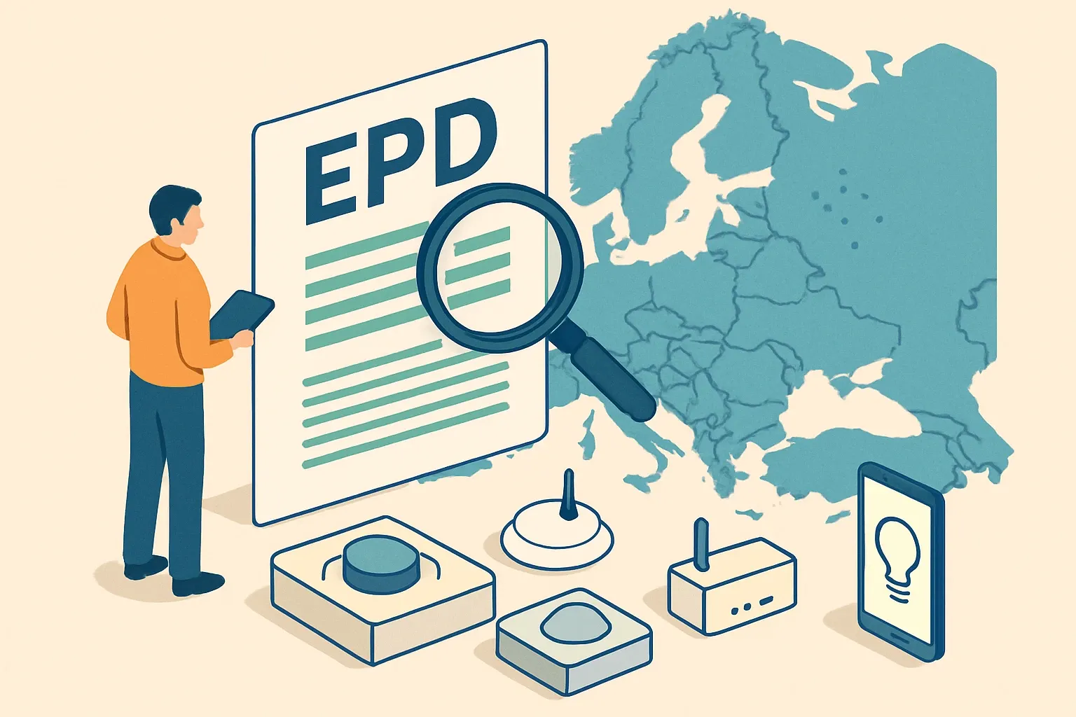 Generate an illustration for an article following this concept:

EPDs for Lighting Controls in Europe, the data-based guide
Planning an EPD for lighting controls in 2026. Here is the full market snapshot you can act on today, from who is publishing to which PCRs dominate and when renewals will hit. We cover networked lighting controls, dimmers, sensors, gateways, and related control gear that specifiers search for across Europe.

Ensure that you use no text, as this illustration will be used on international translations of the article..

Use an illustrative style (e.g. isometic) and don't generate in a photorealistic style.