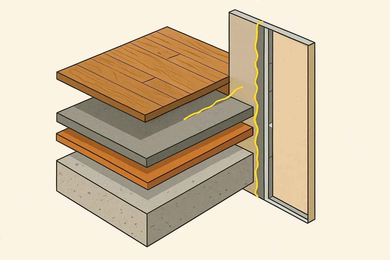 Exploded view of a floor slab, resilient underlay, screed, and finished flooring transitioning to a wall partition with a composite panel, showing the product touchpoints where acoustic materials live.