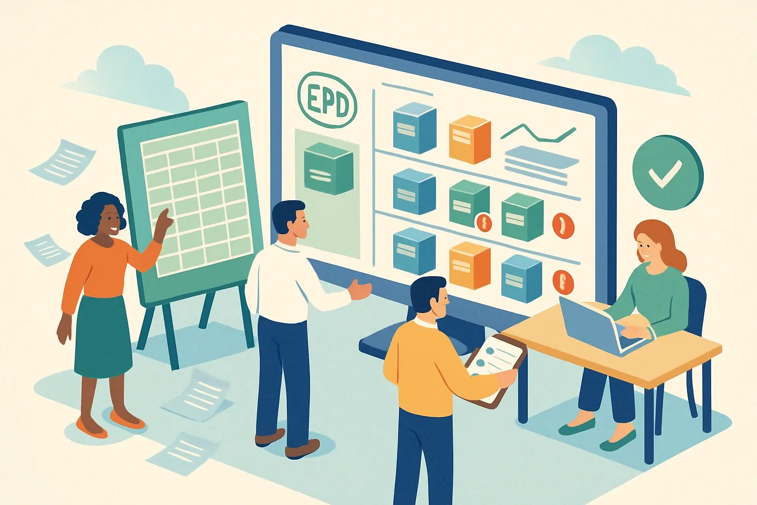 Generate an illustration for an article following this concept:

EPD Program Management at Scale, Without the Spreadsheets
Once a portfolio hits dozens of EPDs across brands and regions, the real work is orchestration. Teams need a single-pane view that shows what exists, what expires when, and where the product catalog outruns declaration coverage. Without it, spreadhseets multiply and renewals slip. With it, sustainability, product, and sales can plan calmly and move faster.

Ensure that you use no text, as this illustration will be used on international translations of the article..

Use an illustrative style (e.g. isometic) and don't generate in a photorealistic style.