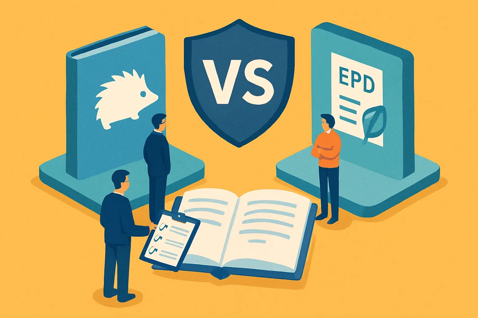 Generate an illustration for an article following this concept:

Hedgehog Company B.V. vs EPD Guide: What Manufacturers Need
Pressed for time and clarity. This matchup spells out when a full‑service LCA consultancy makes sense, and when a neutral knowledge hub helps you choose faster. If winning specs depends on credible, comparable numbers, you need the right partner and the right rulebook.

Ensure that you use no text, as this illustration will be used on international translations of the article..

Use an illustrative style (e.g. isometic) and don't generate in a photorealistic style.