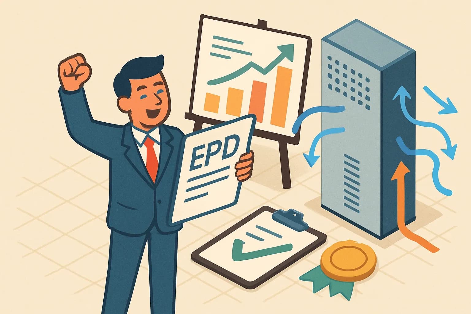 Generate an illustration for an article following this concept:

Bravo, Yitac: first EPD enters the spec arena
Yitac just put verifiable numbers behind its Passive Displacement Ventilation system. That single move removes guesswork in bids, clears a path for LEED v5 conversations, and places the brand on shortlists where a product specific EPD is now table stakes.

Ensure that you use no text, as this illustration will be used on international translations of the article..

Use an illustrative style (e.g. isometic) and don't generate in a photorealistic style.