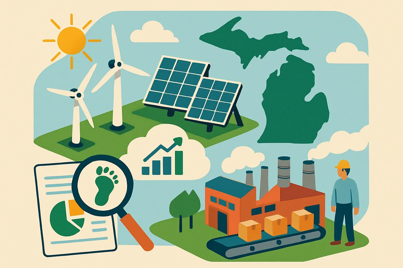 Generate an illustration for an article following this concept:

Michigan Healthy Climate Plan: What Manufacturers Need Now
Michigan’s Healthy Climate Plan is reshaping energy, codes, and public spending. Does it force EPDs today? Not statewide. But it is creating fast‑rising demand for product‑specific carbon data across public owners and major projects. Here’s how to read the signals and get your portfolio bid‑ready without drowning in paperwork.

Ensure that you use no text, as this illustration will be used on international translations of the article..

Use an illustrative style (e.g. isometic) and don't generate in a photorealistic style.
