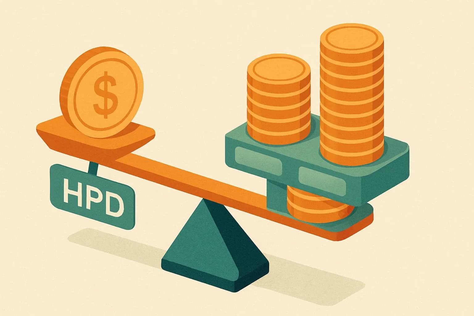 Visual equation showing cost of HPD on one side balancing larger stacks of coins labeled Increased Specification Rate, LEED Credits, and Risk Avoidance on the other.