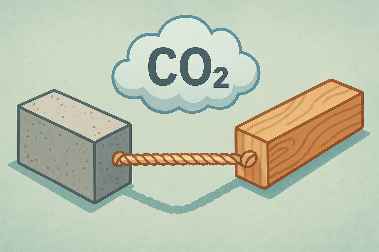 A rope pull between a fiber cement block and an engineered wood plank, with a CO₂ cloud as the prize, showing relative emissions visually.