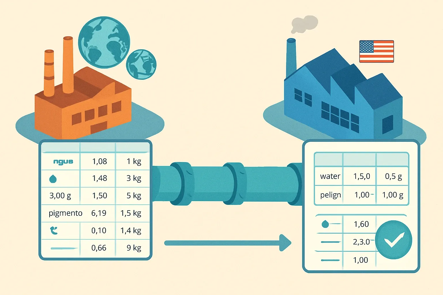 Generate an illustration for an article following this concept:

Global EPDs, local data, zero drag
Plant bills of materials rarely speak the same language. A tile line in Valencia logs pigments in Spanish with decimal commas. A sister plant in Tennessee writes the same inputs in English with periods. Both feed different ERPs. Verification teams do not have time to babysit spreadsheets. The fix is a pipeline that ingests multilingual, plant‑level data, normalizes units and formats, and outputs verifier‑ready datasets without slowing the schedule. That is how global EPD programs move at the speed commercial teams need.

Ensure that you use no text, as this illustration will be used on international translations of the article..

Use an illustrative style (e.g. isometic) and don't generate in a photorealistic style.