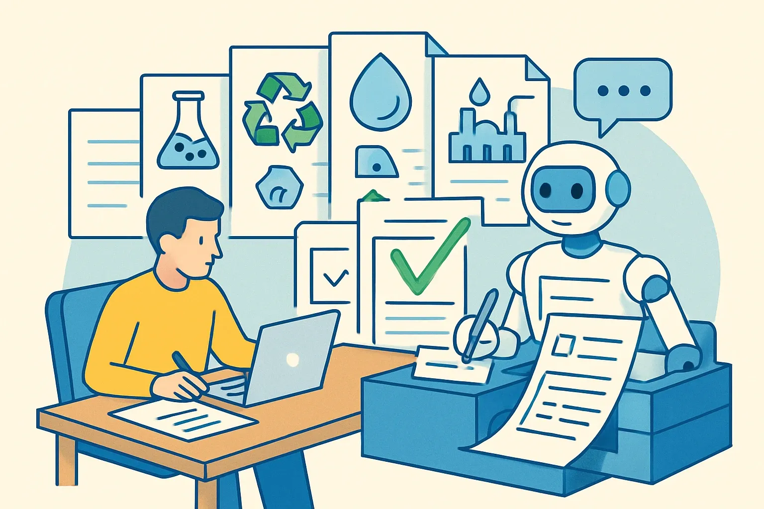 Generate an illustration for an article following this concept:

AI That Finishes Compliance Questionnaires
Compliance quesionnaires arrive just when product teams are busiest. They mix chemistry rules, environmental disclosures, food contact, drinking water, wastewater, and carbon data. Answers live in SDSs, LCA files, supplier attestations, and prior RFPs. AI can be the librarian that finds, drafts, and routes responses while humans approve the final word.

Ensure that you use no text, as this illustration will be used on international translations of the article..

Use an illustrative style (e.g. isometic) and don't generate in a photorealistic style.