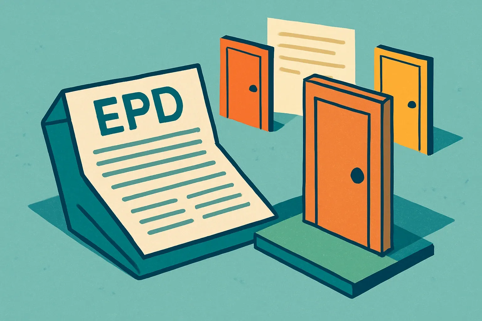 Generate an illustration for an article following this concept:

ASMODAS’ first EPDs put doors on more specs
ASMODAS just stepped onto the EPD field with declarations for two door families. For a brand known for security and fire performance, that shift turns product strengths into spec strength. Here is what they published, how it fits common PCRs, and where this puts them against the usual suspects in doors.

Ensure that you use no text, as this illustration will be used on international translations of the article..

Use an illustrative style (e.g. isometic) and don't generate in a photorealistic style.