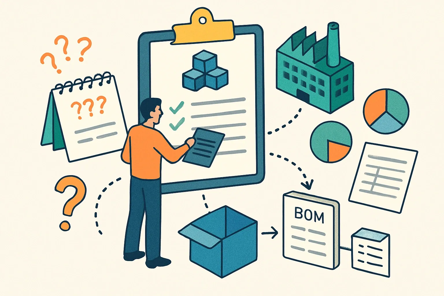 Generate an illustration for an article following this concept:

The EPD Bill of Materials, Simplified
Missing materials, fuzzy units, and guessy supplier data slow EPDs to a crawl. A crisp Bill of Materials is the spine of your declaration, turning plant knowledge into publishable facts and faster specs. Build it right once, then reuse it across product lines without the back‑and‑forth that eats calendar time and margin.

Ensure that you use no text, as this illustration will be used on international translations of the article..

Use an illustrative style (e.g. isometic) and don't generate in a photorealistic style.