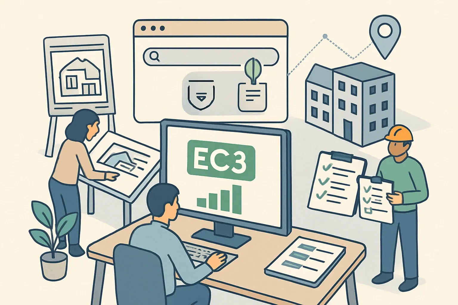 Generate an illustration for an article following this concept:

EC3: The EPD data hub architects use
If buyers cannot find your product’s EPD where they look first, you risk being swapped out before the bid warms up. Building Transparency’s EC3 has become the default lookup for teams screening embodied carbon, from design models to owner checklists. It is broad, neutral, and plugged into real project tools. It is not perfectly current. Here is how to treat EC3 as a powerful signal and plan around its timing gaps without slowing sales.

Ensure that you use no text, as this illustration will be used on international translations of the article..

Use an illustrative style (e.g. isometic) and don't generate in a photorealistic style.