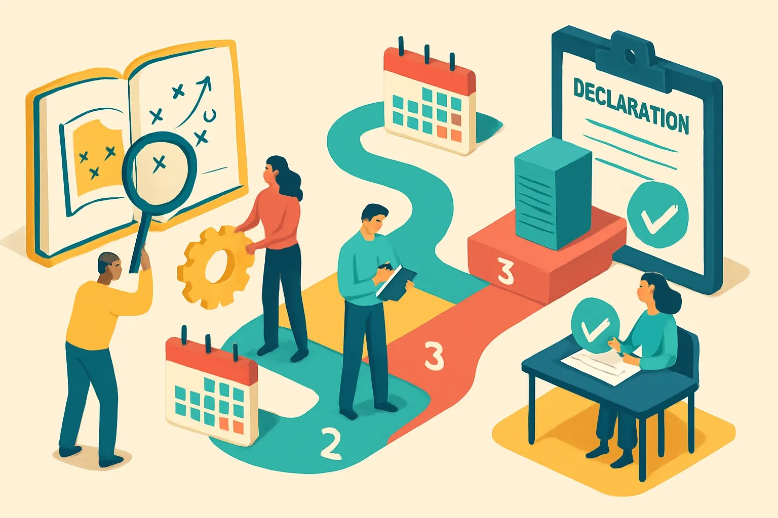 Generate an illustration for an article following this concept:

EPDs in 90 Days: The Real Playbook
The EPD process looks mysterious from the outside. In reality, a tight plan, clear roles, and disciplined data collection can take a product from kickoff to a third‑party verified declaration in about three months. Here is the practical walkthrough teams use to move fast without cutting corners.

Ensure that you use no text, as this illustration will be used on international translations of the article..

Use an illustrative style (e.g. isometic) and don't generate in a photorealistic style.