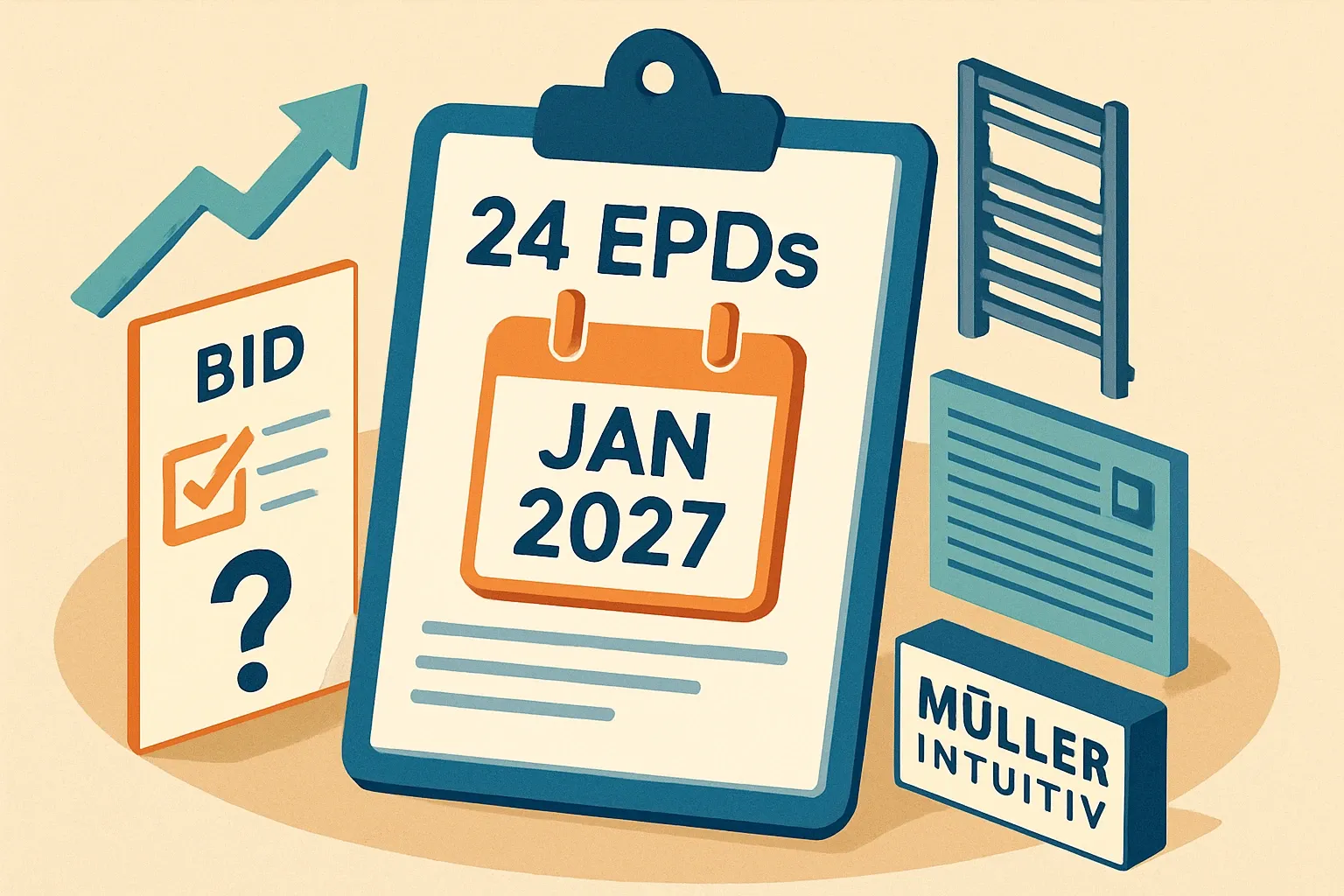 Generate an illustration for an article following this concept:

MULLER INTUITIV: 24 EPDs set to lapse in January 2027
Specifiers planning 2026 and early‑2027 bids should note a cluster of MULLER INTUITIV product‑specific EPDs that expire in January 2027. Unless renewals go live before then, several popular electric radiators and towel warmers could fall off shortlists on projects that require current declarations. Here is what is expiring, what looks covered, and which competitive products are positioned to step in if renewals stall.

Ensure that you use no text, as this illustration will be used on international translations of the article..

Use an illustrative style (e.g. isometic) and don't generate in a photorealistic style.