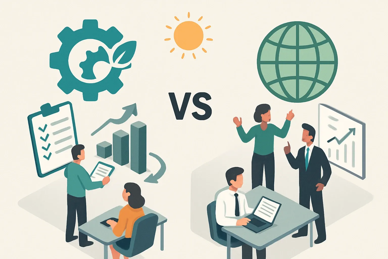 Generate an illustration for an article following this concept:

LCA vs Organisational Carbon Footprint: right tool, right time
Teams feel the heat from buyers asking for EPDs while leadership pushes for corporate emissions reporting. Do you start with a product life cycle assessment or a company wide footprint? Use this guide to pick the approach that fits your objective, budget, and timeline without spinning wheels.

Ensure that you use no text, as this illustration will be used on international translations of the article..

Use an illustrative style (e.g. isometic) and don't generate in a photorealistic style.