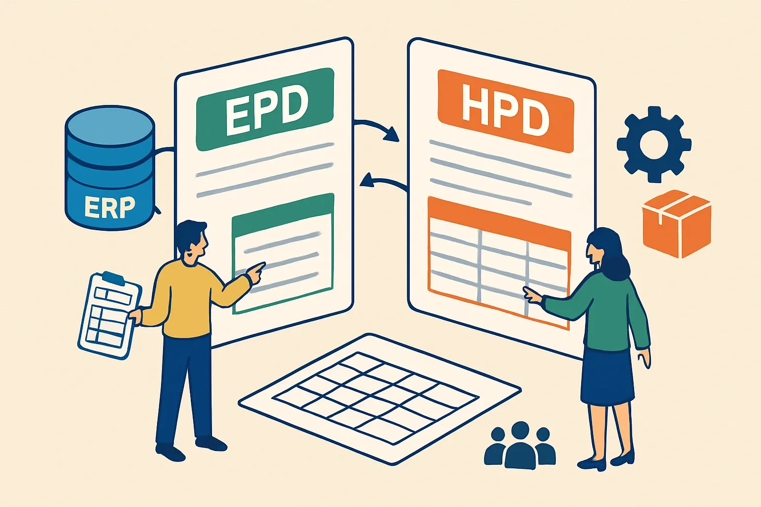 Generate an illustration for an article following this concept:

EPD vs HPD data templates that actually work
Your ERP says you have the data. Your LCA model and HPD form disagree. The fix is not more spreadsheets, it is the right columns, owners, and supplier asks. Here is the fast path to structure inputs for Environmental Product Declarations versus Health Product Declarations so projects move, not stall.

Ensure that you use no text, as this illustration will be used on international translations of the article..

Use an illustrative style (e.g. isometic) and don't generate in a photorealistic style.