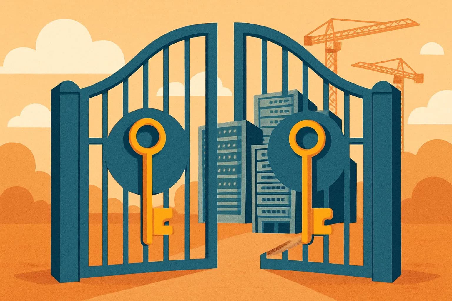 A stylized gate with two keys labeled EPD and GWP, opening to a cluster of servers and construction cranes in the distance.