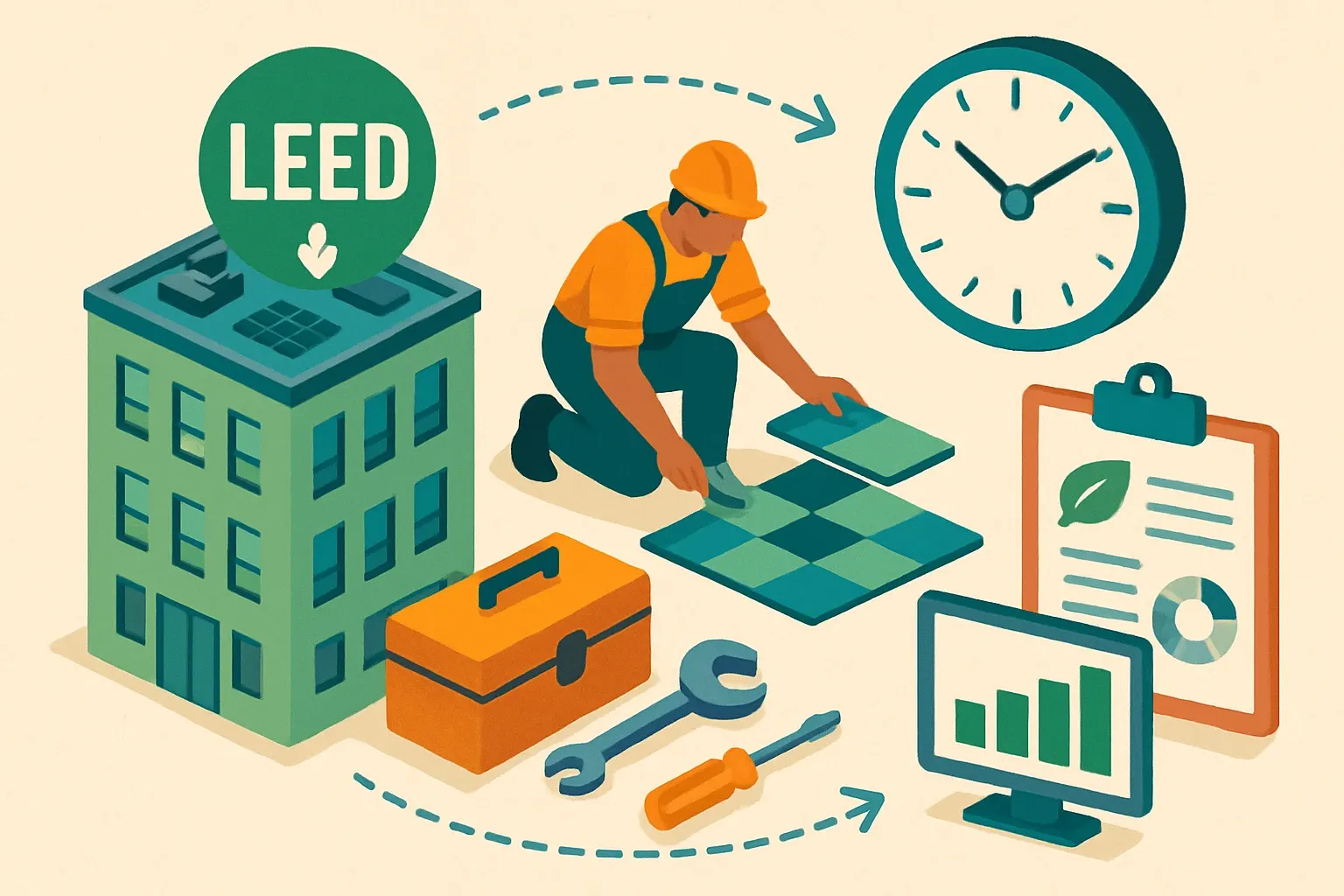 Generate an illustration for an article following this concept:

LEED v5 for Replacement Products and O+M Recertification
LEED v5 changes how existing buildings buy and document materials. For teams selling replacement products, the opportunity sits inside O+M performance windows, recertification clocks, and a new, multi‑attribute materials framework. Win by delivering documentation that drops cleanly into Arc, by speaking the language of downtime and maintenance, and by packaging evidence that satisfies product selection quickly. This is not a scorecard talk. It is a workflow talk that moves orders.

Ensure that you use no text, as this illustration will be used on international translations of the article..

Use an illustrative style (e.g. isometic) and don't generate in a photorealistic style.
