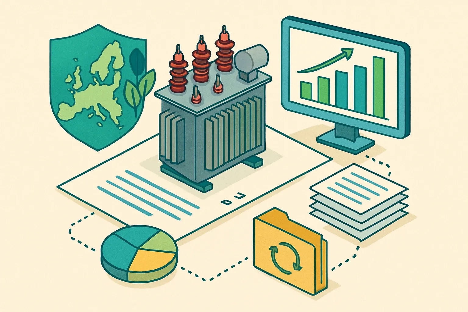 Generate an illustration for an article following this concept:

EPDs for AC Power Transformers in Europe, data guide
Planning an AC transformer EPD in Europe in 2026? Here is the full market snapshot, from who is publishing to which PCRs and program operators dominate, so you can choose the fastest, lowest‑friction path to a credible declaration and get spec’d more often without stalling your roadmap.

Ensure that you use no text, as this illustration will be used on international translations of the article..

Use an illustrative style (e.g. isometic) and don't generate in a photorealistic style.